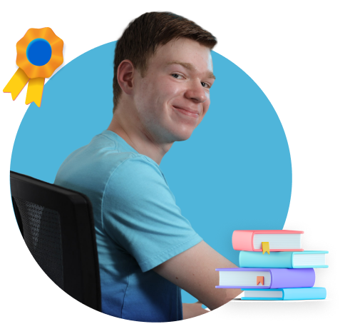 student photo with books and certification icon