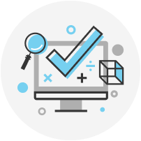 Illustration of a checkmark, a cube, a computer screen and a magnifying glass
